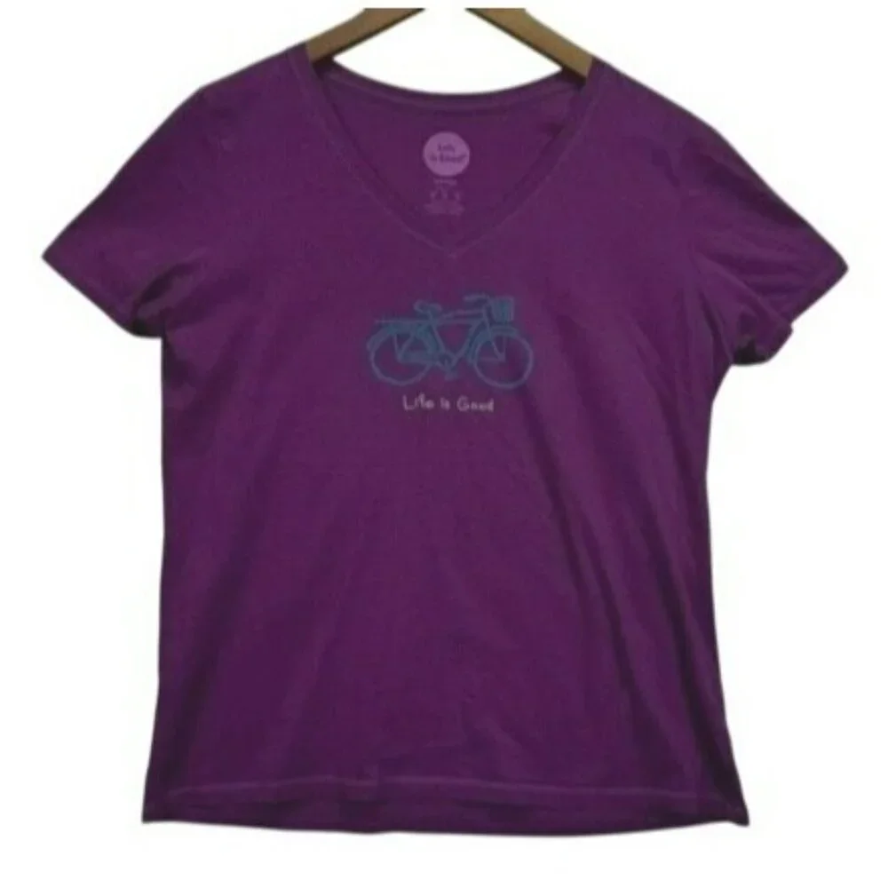 Life Is Good Bicycle With Basket Womens Purple V-Neck Short Sleeve T-Shirt Sz L - Picture 2 of 6